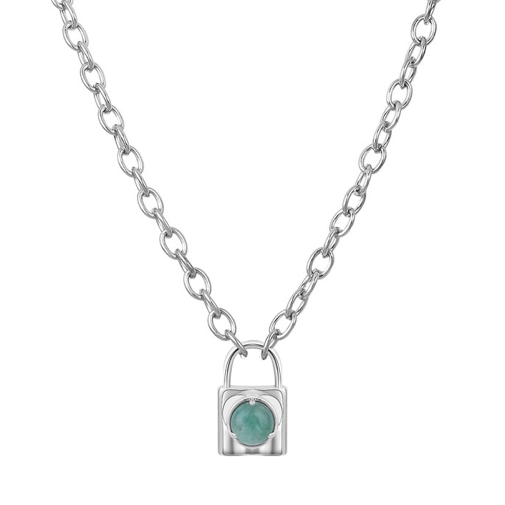 Simple Gemstone Alloy Lock Pendant Necklace Chunky Punk Chain Choker Cuban Link  Statement Jewelry for Women and Girls