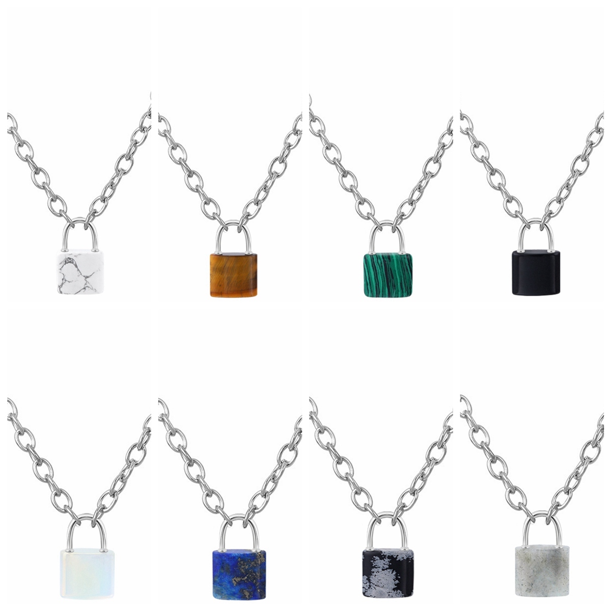 Natural Gemstone Lock Pendant Necklace Chunky Punk Chain Choker Cuban Link  Statement Jewelry for Women and Girls