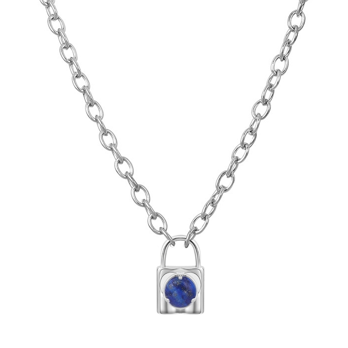 Simple Gemstone Alloy Lock Pendant Necklace Chunky Punk Chain Choker Cuban Link  Statement Jewelry for Women and Girls