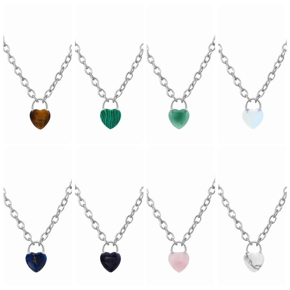 Natural Gemstone Love Heart Lock Pendant Necklace Chunky Punk Chain Choker Cuban Link  Statement Jewelry for Women and Girls
