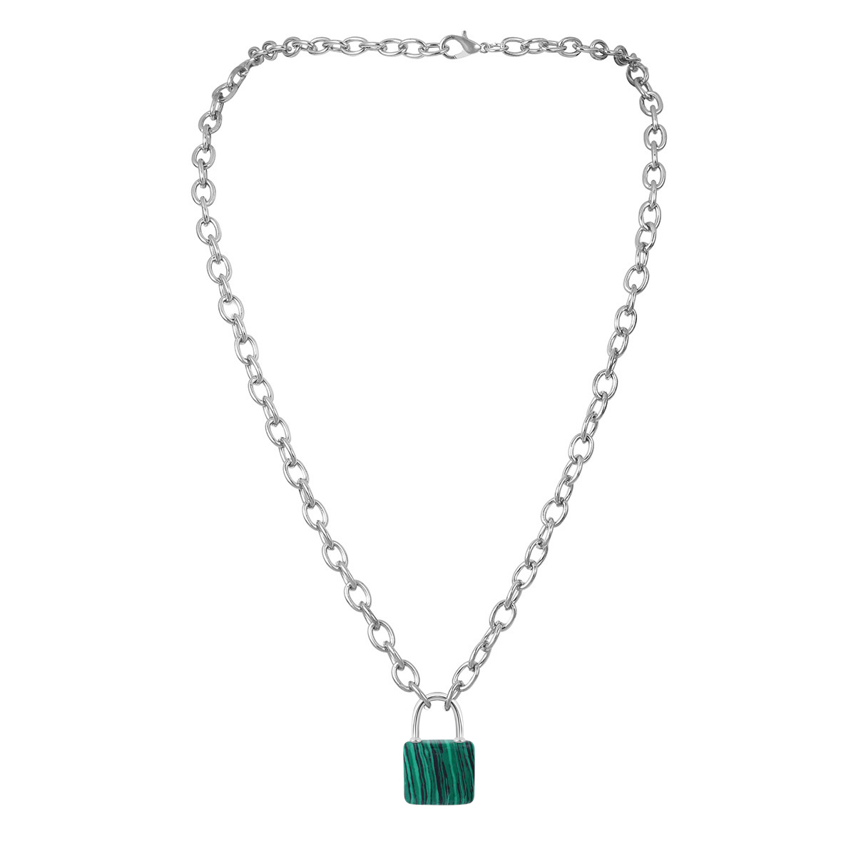 Natural Gemstone Lock Pendant Necklace Chunky Punk Chain Choker Cuban Link  Statement Jewelry for Women and Girls