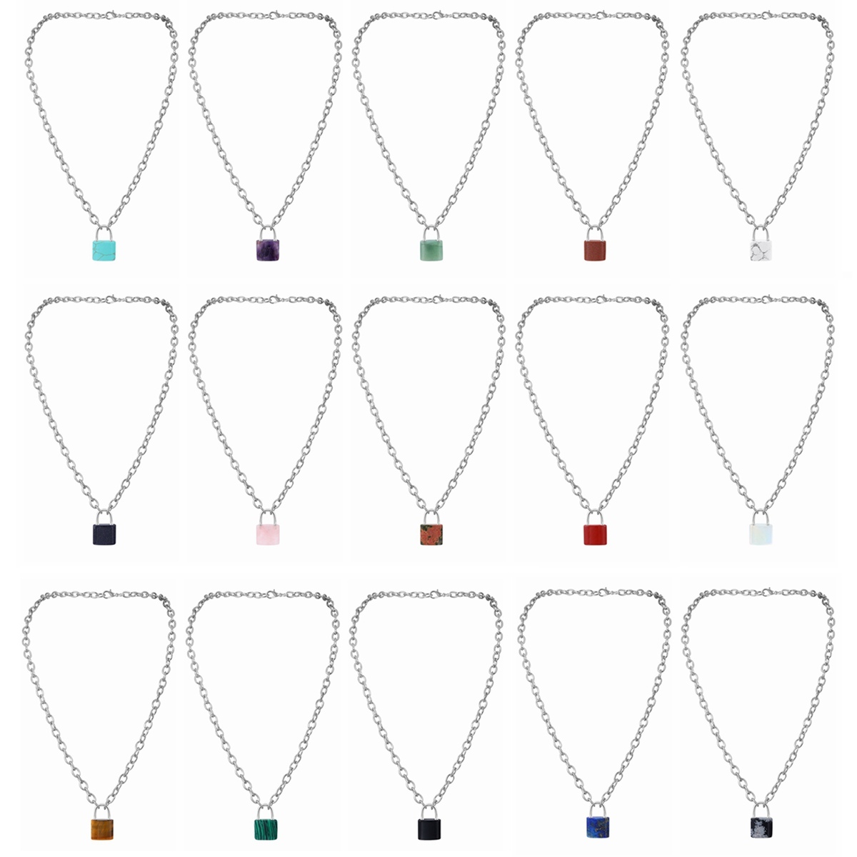 Natural Gemstone Lock Pendant Necklace Chunky Punk Chain Choker Cuban Link  Statement Jewelry for Women and Girls