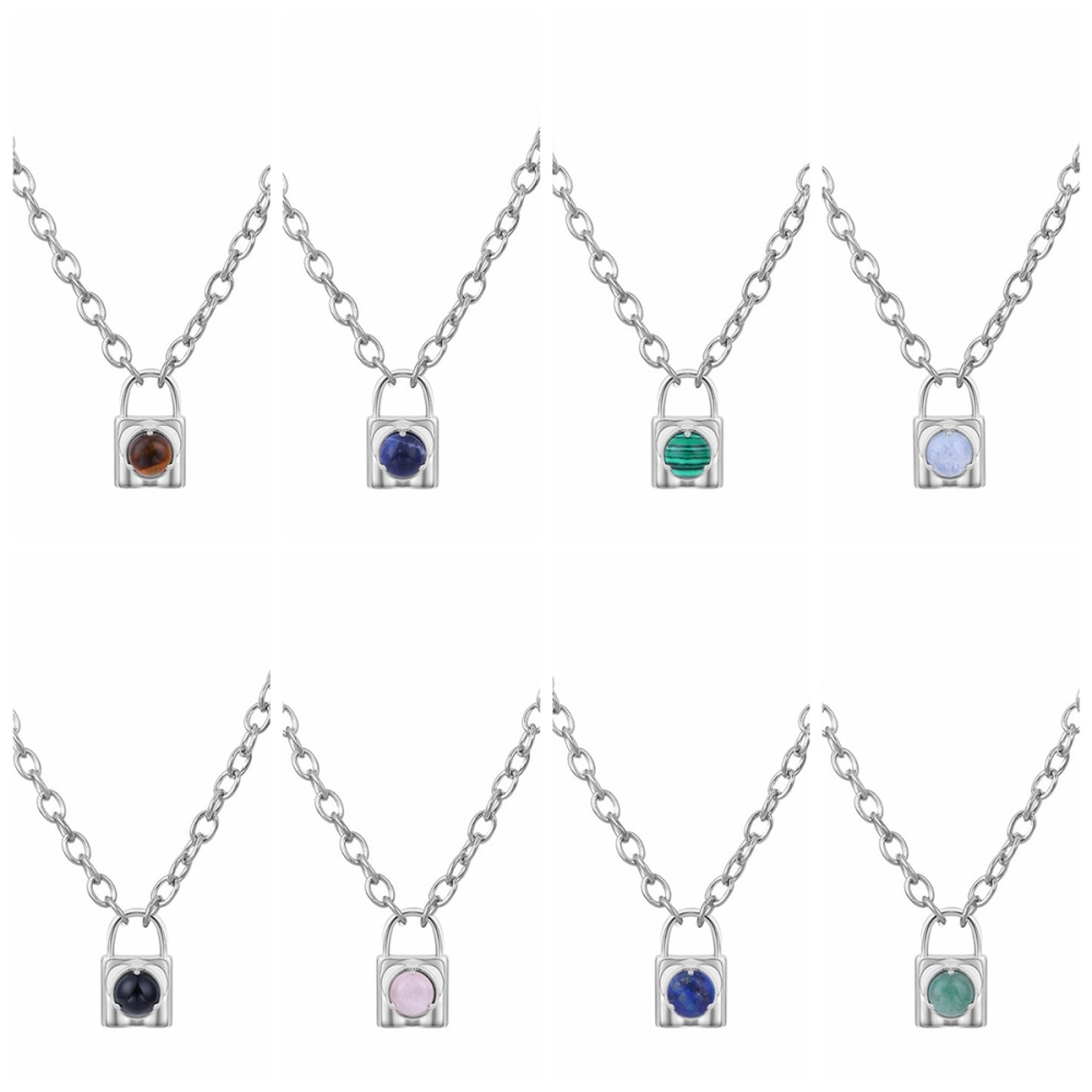 Simple Gemstone Alloy Lock Pendant Necklace Chunky Punk Chain Choker Cuban Link  Statement Jewelry for Women and Girls