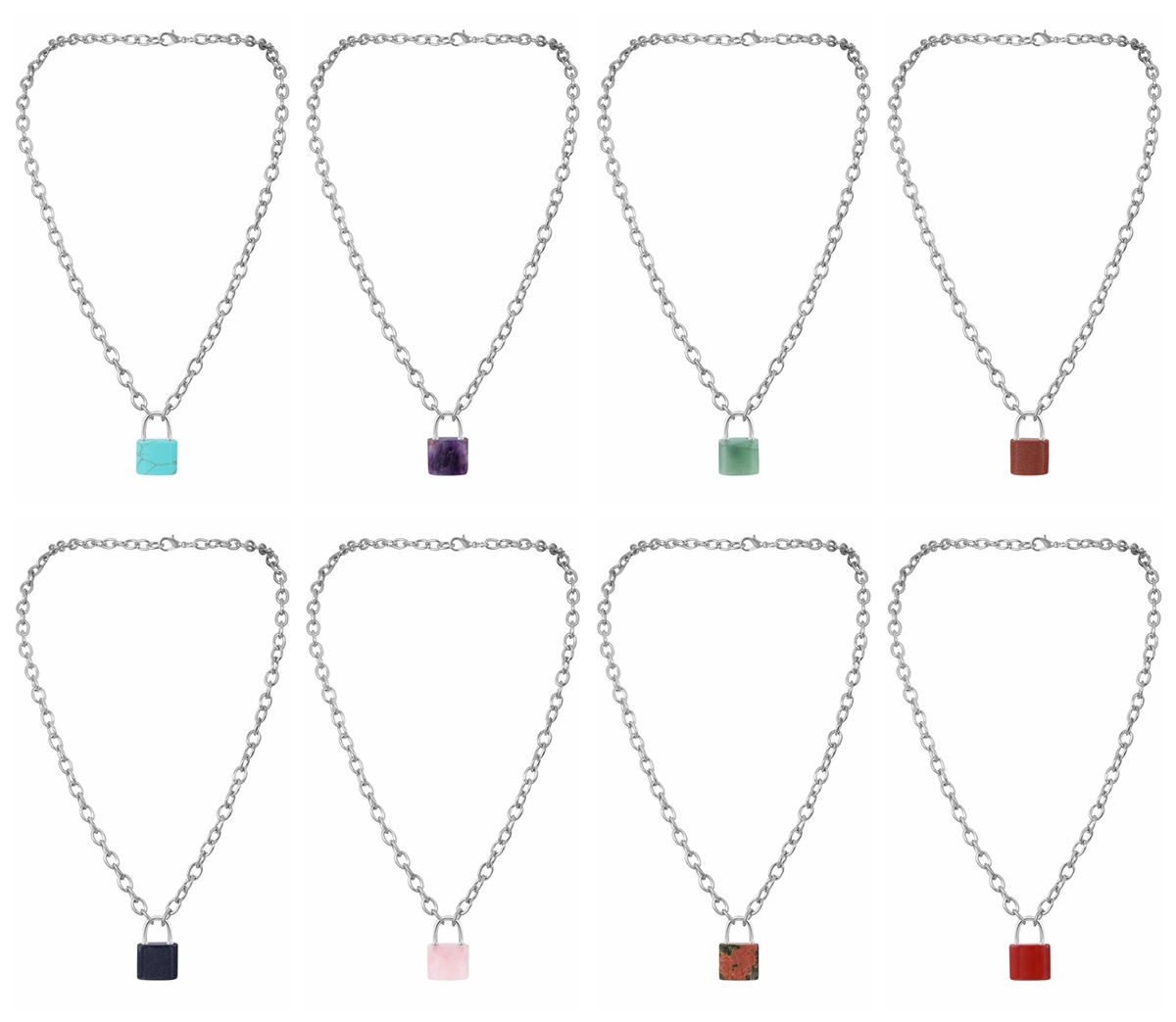 Natural Gemstone Lock Pendant Necklace Chunky Punk Chain Choker Cuban Link  Statement Jewelry for Women and Girls