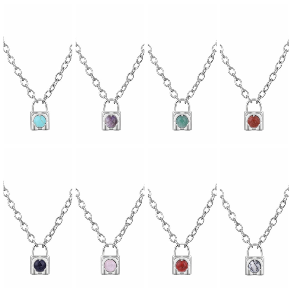 Simple Gemstone Alloy Lock Pendant Necklace Chunky Punk Chain Choker Cuban Link  Statement Jewelry for Women and Girls
