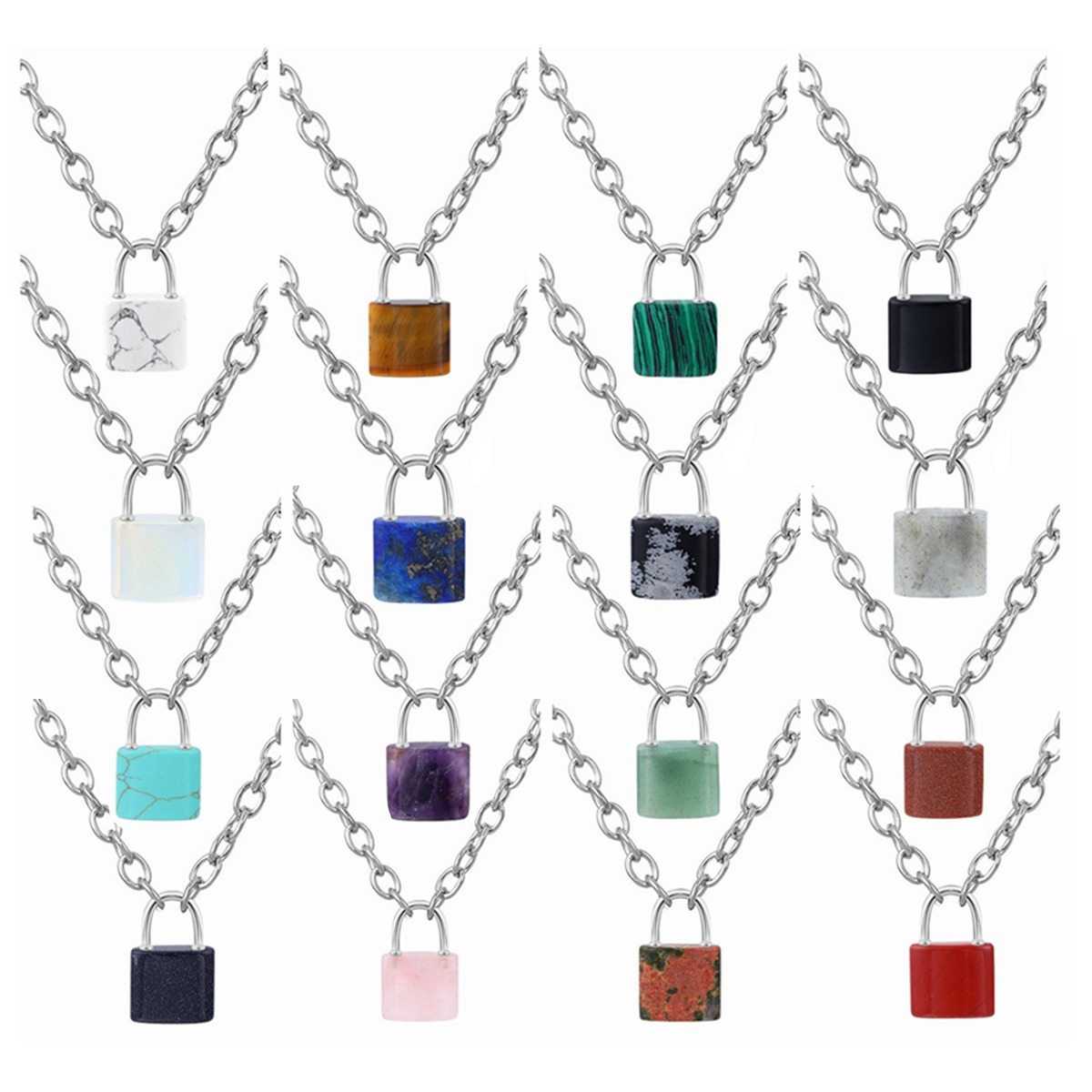 Natural Gemstone Lock Pendant Necklace Chunky Punk Chain Choker Cuban Link  Statement Jewelry for Women and Girls