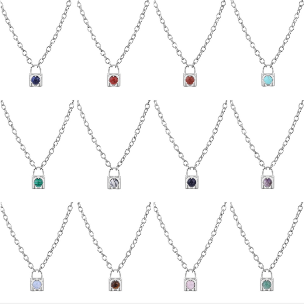 Simple Gemstone Alloy Lock Pendant Necklace Chunky Punk Chain Choker Cuban Link  Statement Jewelry for Women and Girls