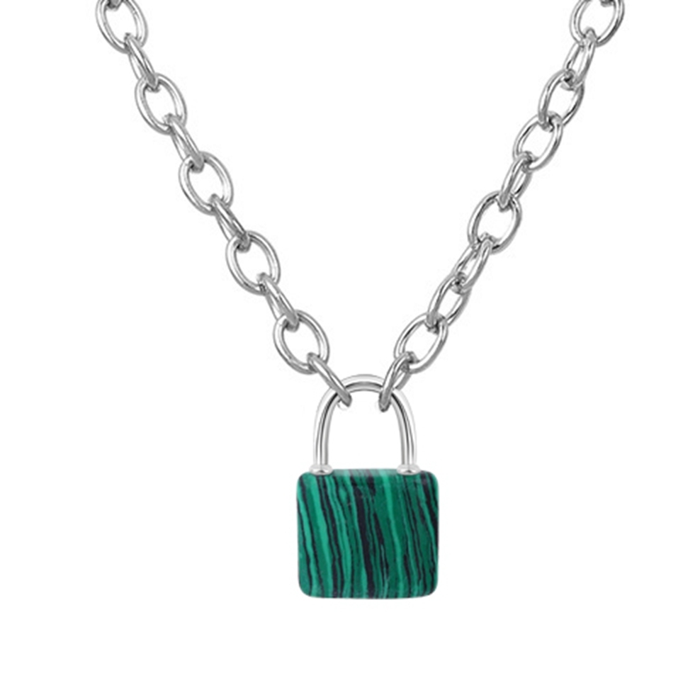 Natural Gemstone Lock Pendant Necklace Chunky Punk Chain Choker Cuban Link  Statement Jewelry for Women and Girls