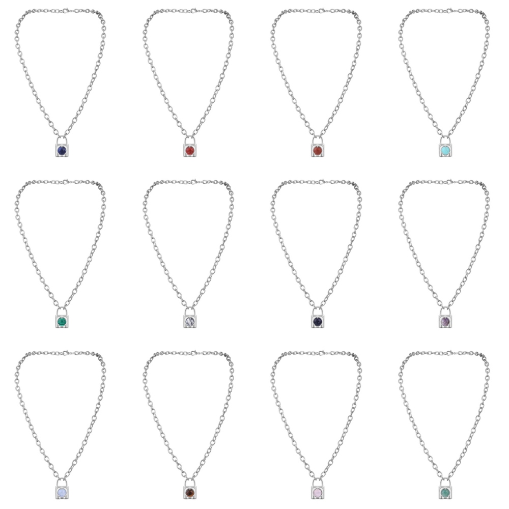 Simple Gemstone Alloy Lock Pendant Necklace Chunky Punk Chain Choker Cuban Link  Statement Jewelry for Women and Girls