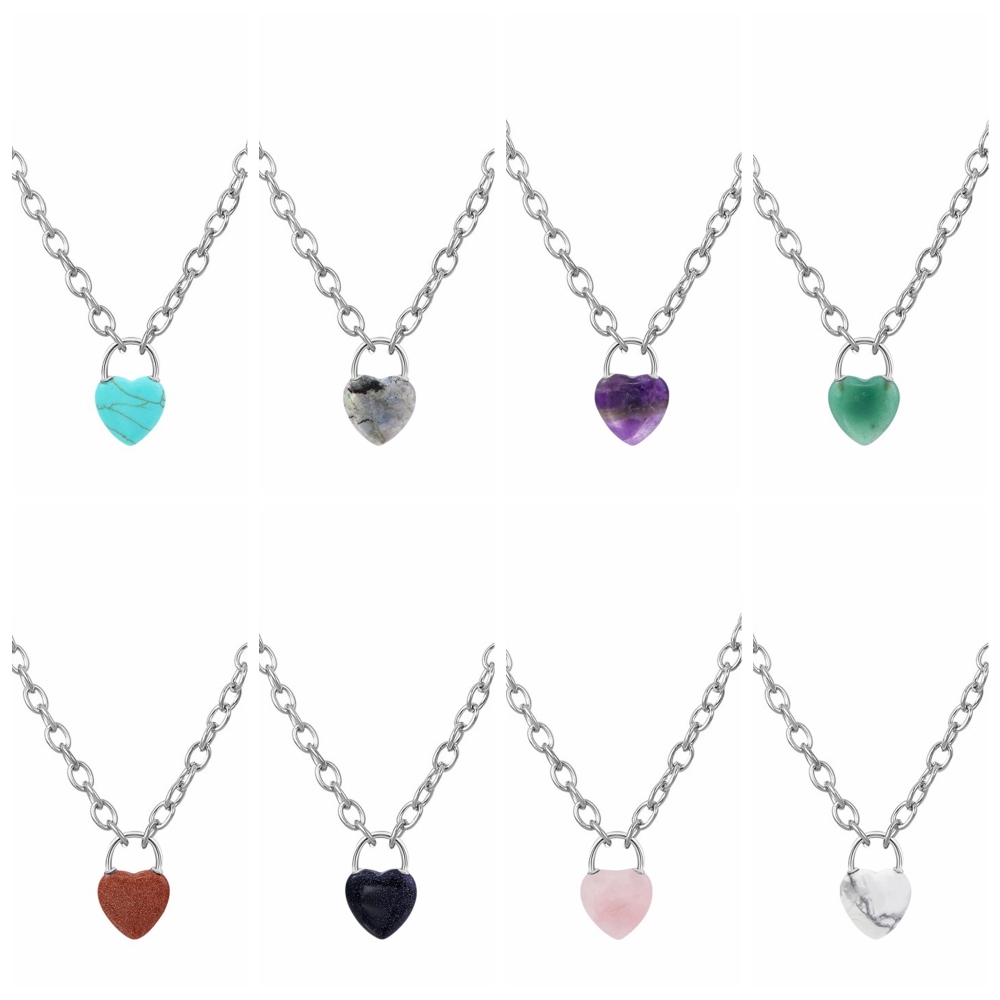 Natural Gemstone Love Heart Lock Pendant Necklace Chunky Punk Chain Choker Cuban Link  Statement Jewelry for Women and Girls