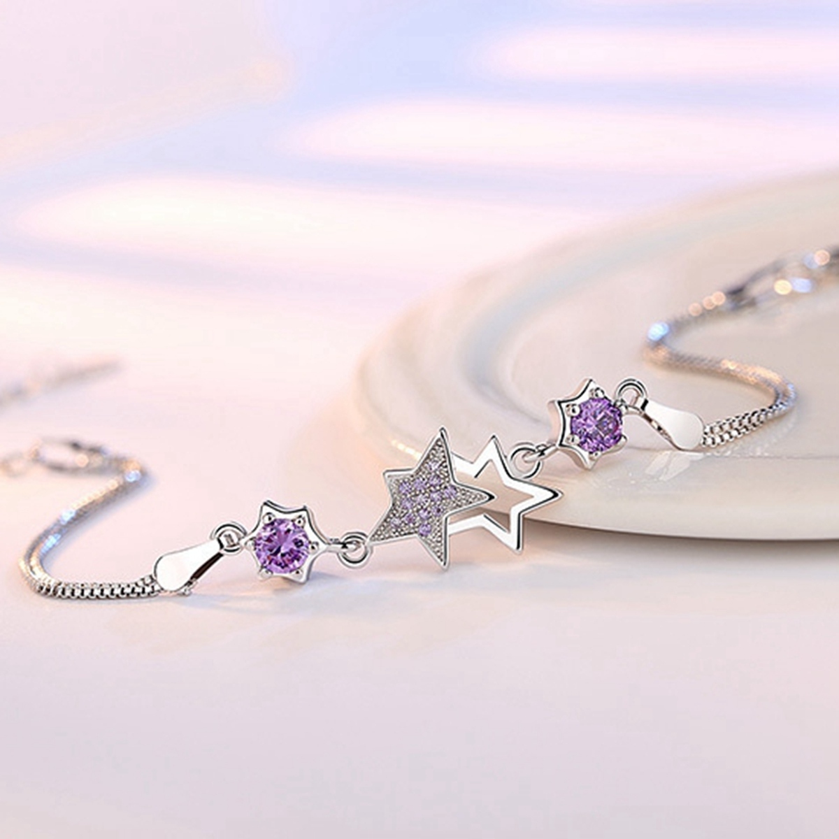 Women Crystal Star Link Bracelets Adjustable Purple Clear CZ Rhinestone Anklet Bangle for Party Wedding Valentines Mother Day Gift