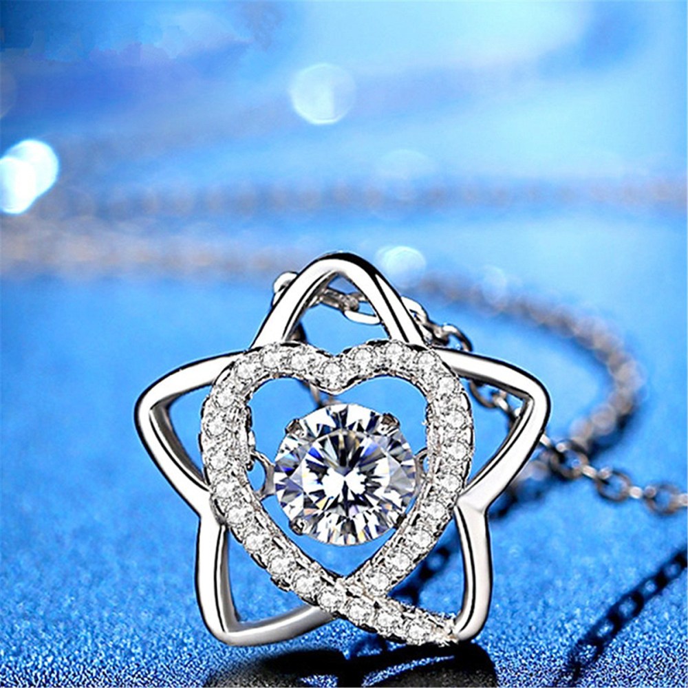 Silver Six Star of David pendant Necklace CZ Rhinestone lucky Love Heart Choker Mother Day Jewelry Gift for Mom Women Girls