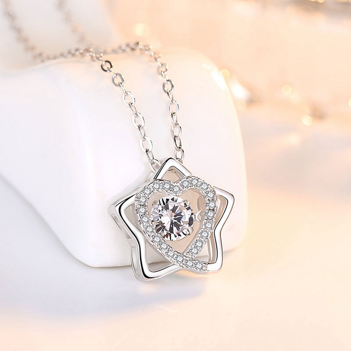 Silver Six Star of David pendant Necklace CZ Rhinestone lucky Love Heart Choker Mother Day Jewelry Gift for Mom Women Girls