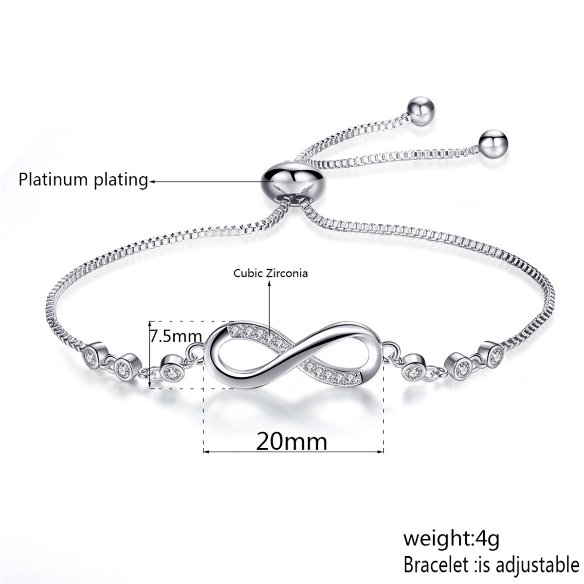 Womens Infinity Charm Link Anklet Bracelet Steel CZ Rhinestone Endless Love Symbol Adjustable Plus Size Large Bangle for her Valentines Mother Day Gif