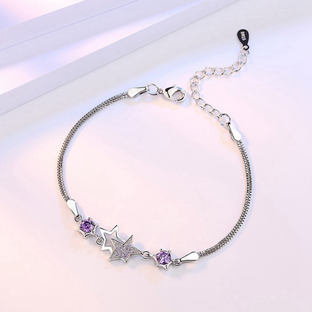 Women Crystal Star Link Bracelets Adjustable Purple Clear CZ Rhinestone Anklet Bangle for Party Wedding Valentines Mother Day Gift