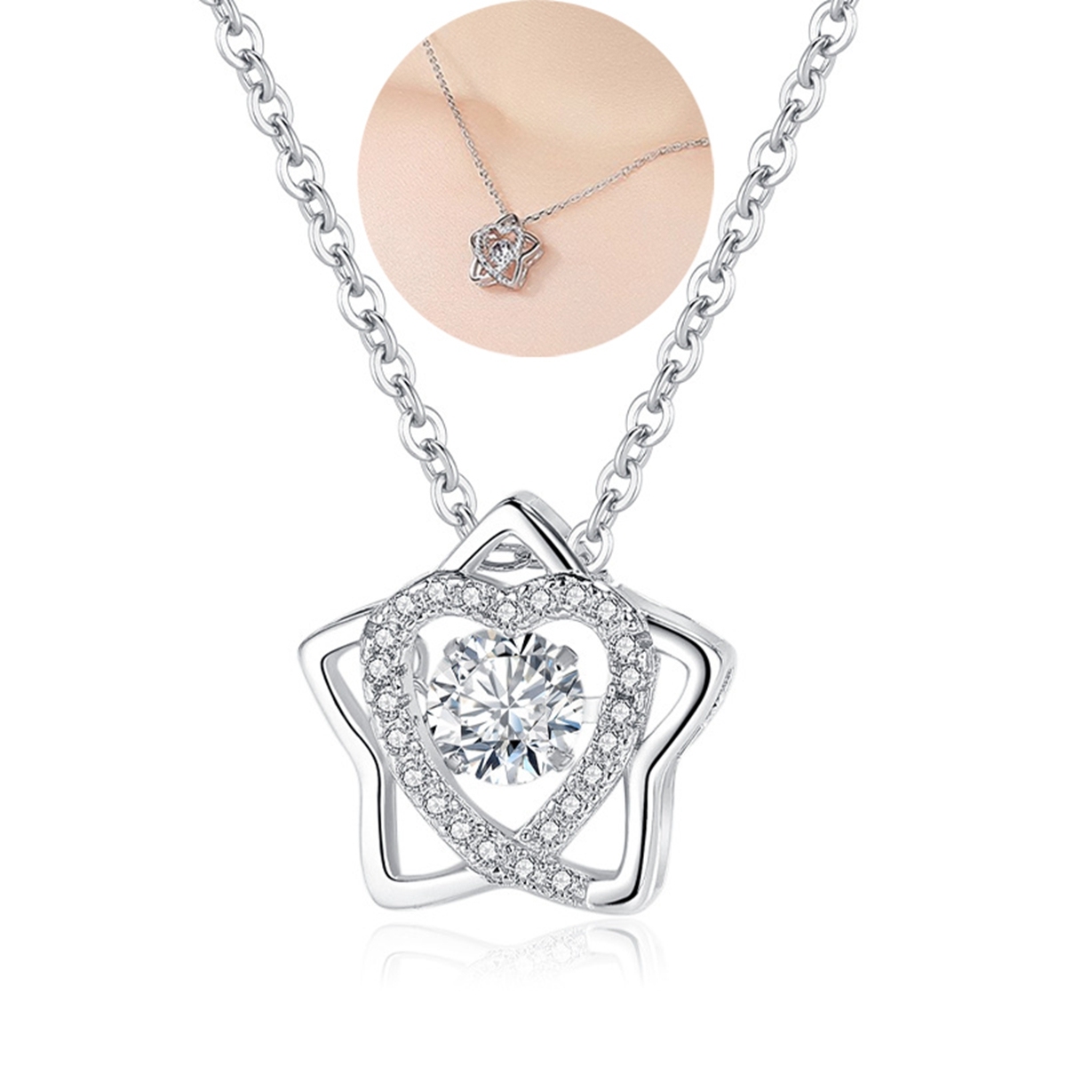 Silver Six Star of David pendant Necklace CZ Rhinestone lucky Love Heart Choker Mother Day Jewelry Gift for Mom Women Girls