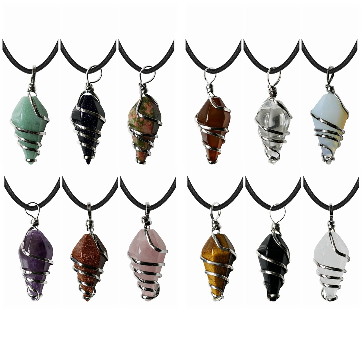 Healing Crystal Pointed Necklace  18Inch Black Cord Wire Wrapped Gemstone Pendant Jewelry Natural Reiki Quartz Stone Jewelry for Women Girls