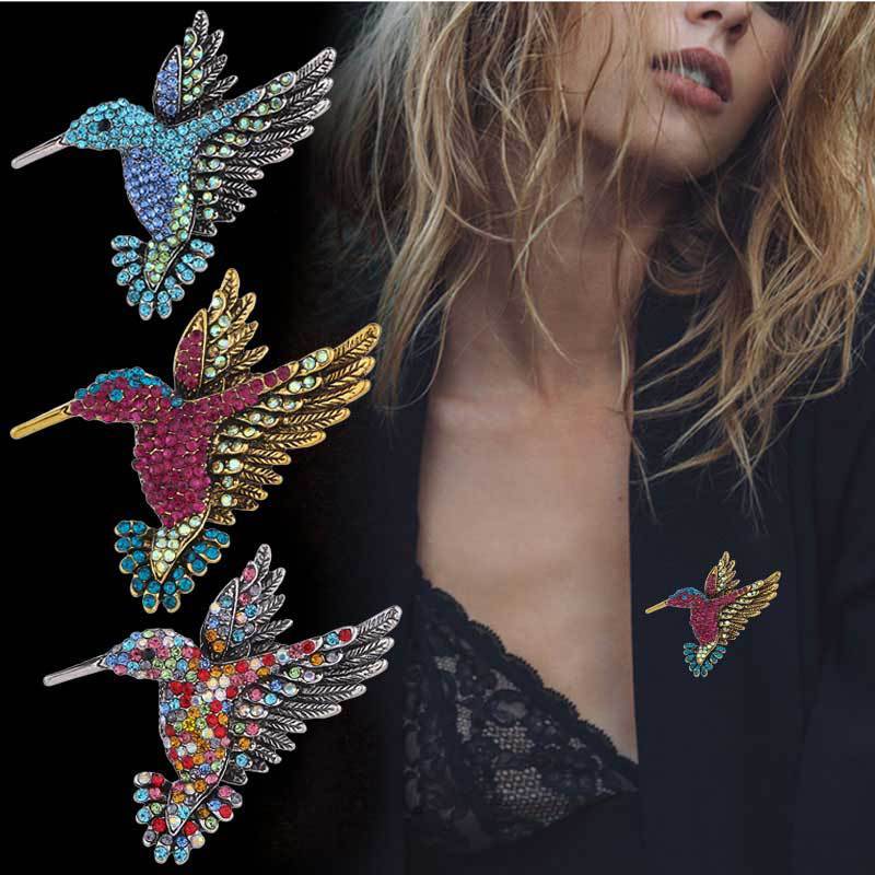 Antique Tone Bird Hummingbird Multi Color Austrian Crystal Pin Brooch Jewelry Rhinestone elegant silk scarf  Animal Brooches Clip
