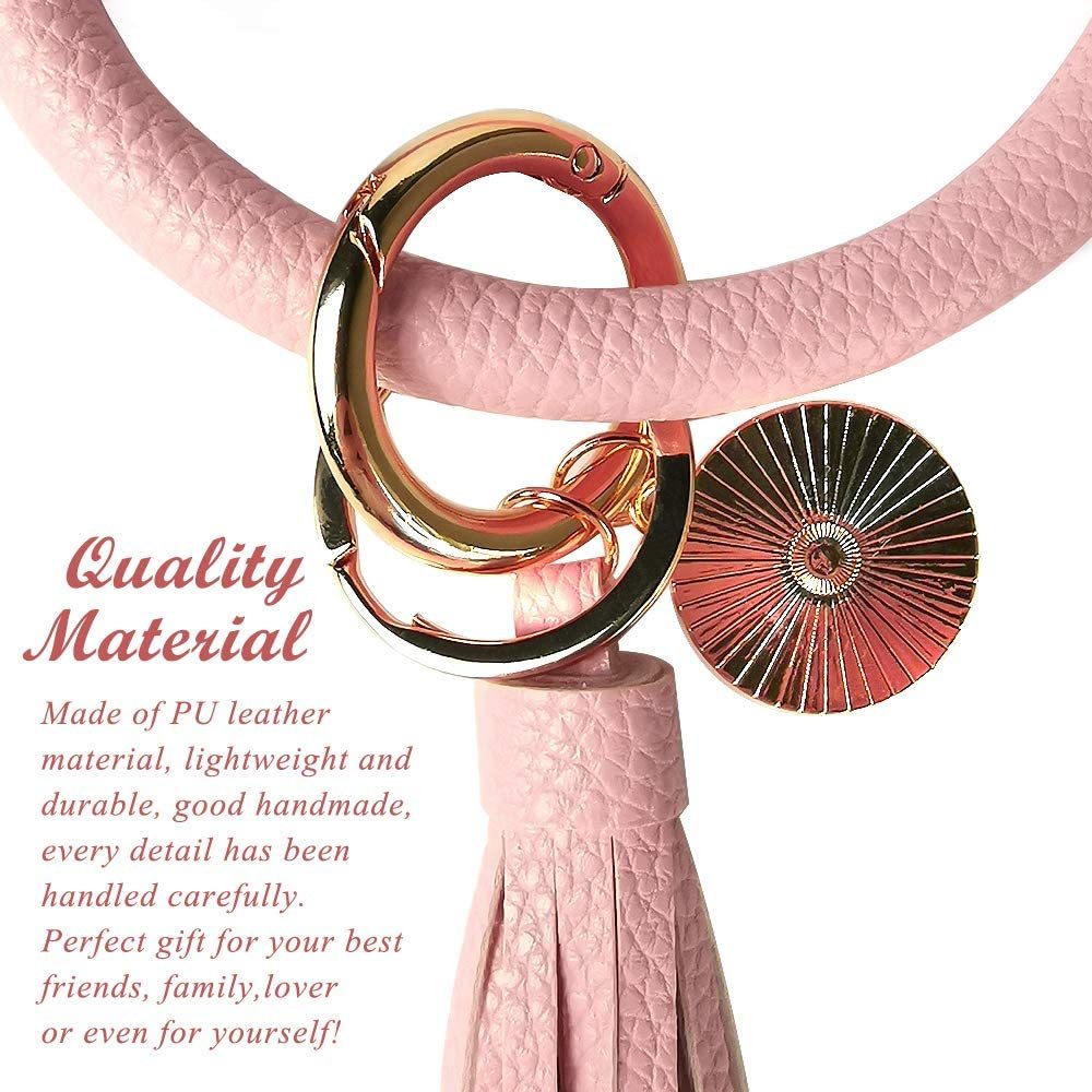 Women PU Wrist Keychain Bracelet Charms Leather Bangle Round Key Ring Large Circle Tassel Chain Wristlet Bracelets Holder for Women Girls