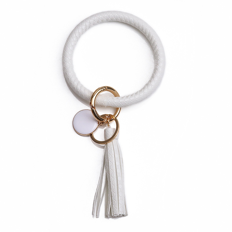 Women PU Wrist Keychain Bracelet Charms Leather Bangle Round Key Ring Large Circle Tassel Chain Wristlet Bracelets Holder for Women Girls