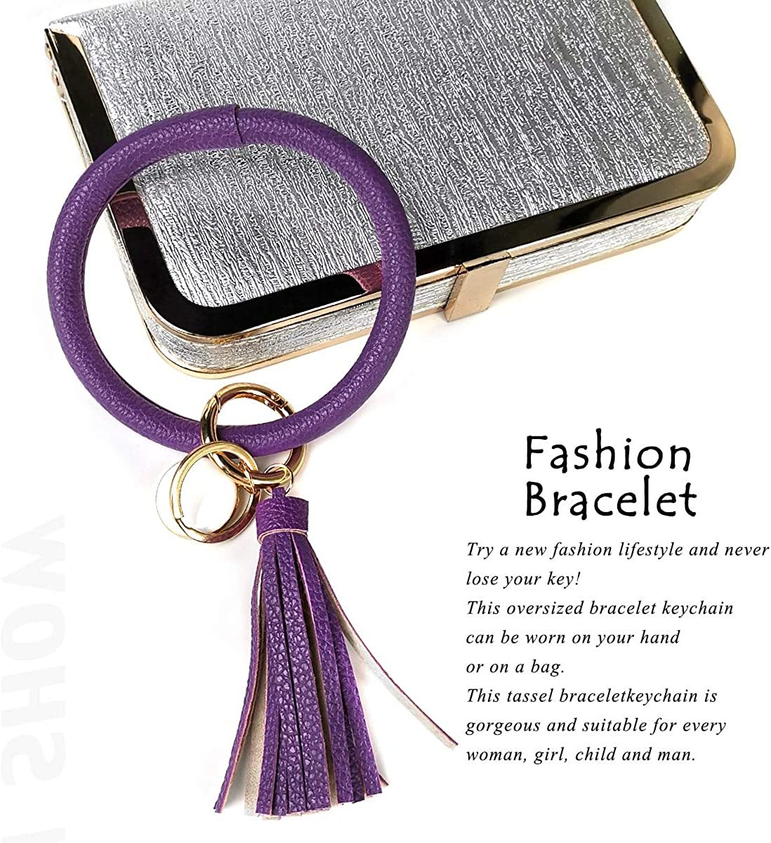 Women PU Wrist Keychain Bracelet Charms Leather Bangle Round Key Ring Large Circle Tassel Chain Wristlet Bracelets Holder for Women Girls