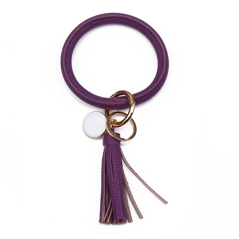 Women PU Wrist Keychain Bracelet Charms Leather Bangle Round Key Ring Large Circle Tassel Chain Wristlet Bracelets Holder for Women Girls