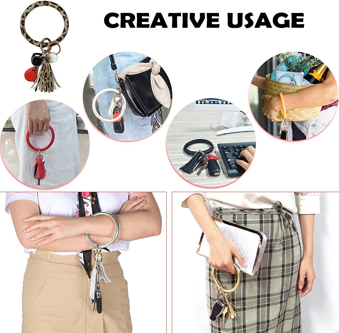 Women PU Wrist Keychain Bracelet Charms Leather Bangle Round Key Ring Large Circle Tassel Chain Wristlet Bracelets Holder for Women Girls