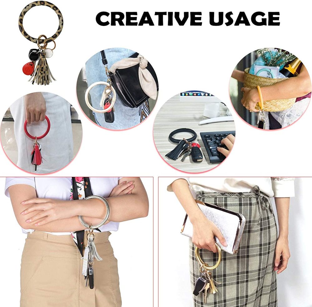 Women PU Wrist Keychain Bracelet Charms Leather Bangle Round Key Ring Large Circle Tassel Chain Wristlet Bracelets Holder for Women Girls