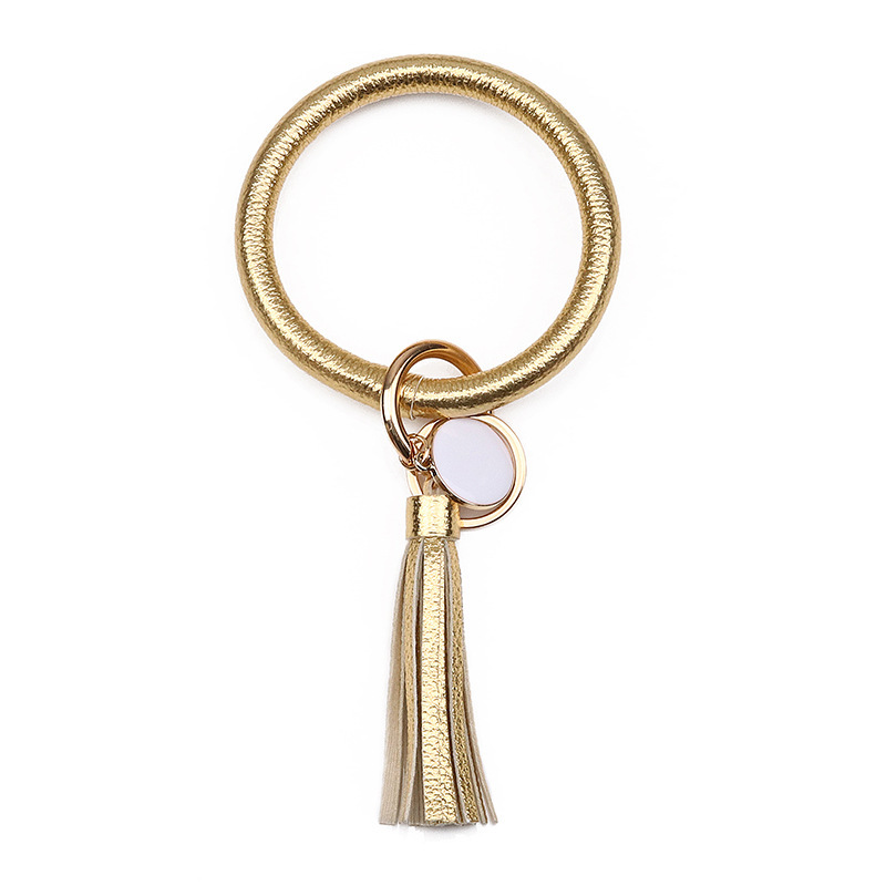 Women PU Wrist Keychain Bracelet Charms Leather Bangle Round Key Ring Large Circle Tassel Chain Wristlet Bracelets Holder for Women Girls