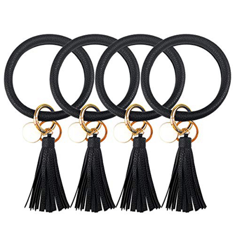 Women PU Wrist Keychain Bracelet Charms Leather Bangle Round Key Ring Large Circle Tassel Chain Wristlet Bracelets Holder for Women Girls