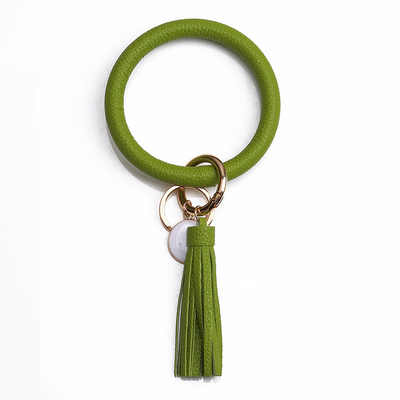Women PU Wrist Keychain Bracelet Charms Leather Bangle Round Key Ring Large Circle Tassel Chain Wristlet Bracelets Holder for Women Girls