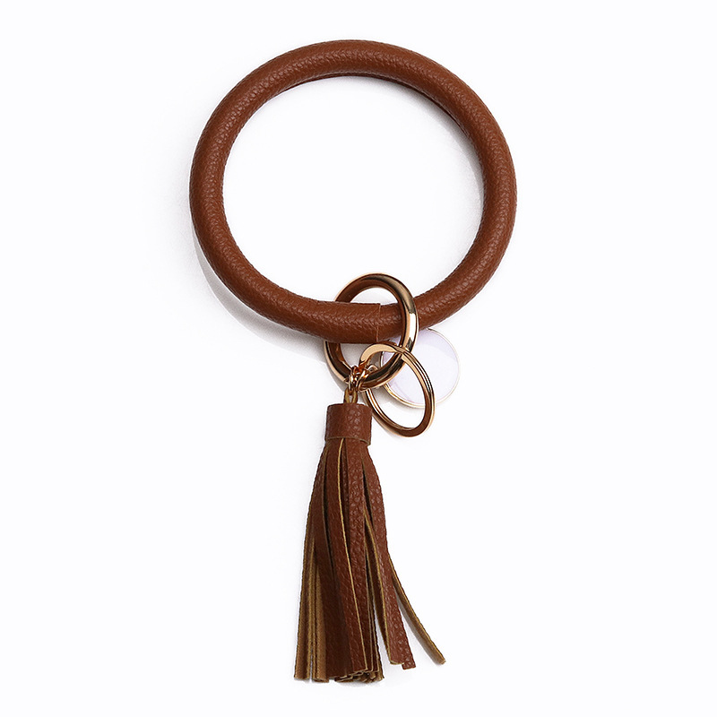 Women PU Wrist Keychain Bracelet Charms Leather Bangle Round Key Ring Large Circle Tassel Chain Wristlet Bracelets Holder for Women Girls