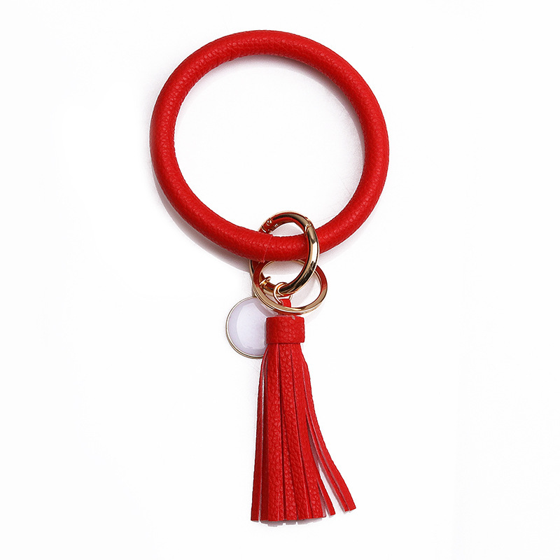 Women PU Wrist Keychain Bracelet Charms Leather Bangle Round Key Ring Large Circle Tassel Chain Wristlet Bracelets Holder for Women Girls