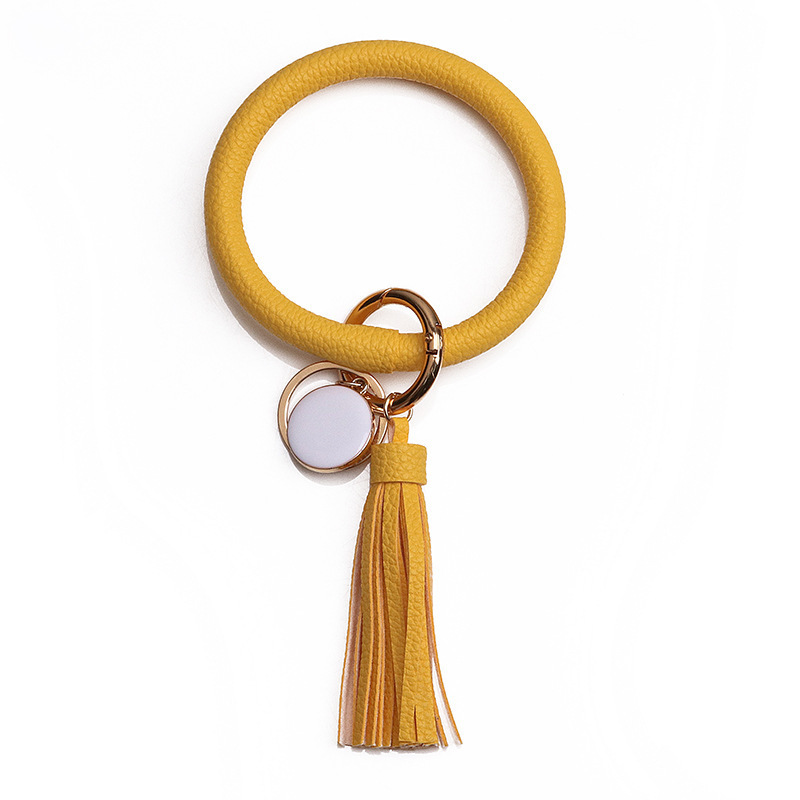 Women PU Wrist Keychain Bracelet Charms Leather Bangle Round Key Ring Large Circle Tassel Chain Wristlet Bracelets Holder for Women Girls
