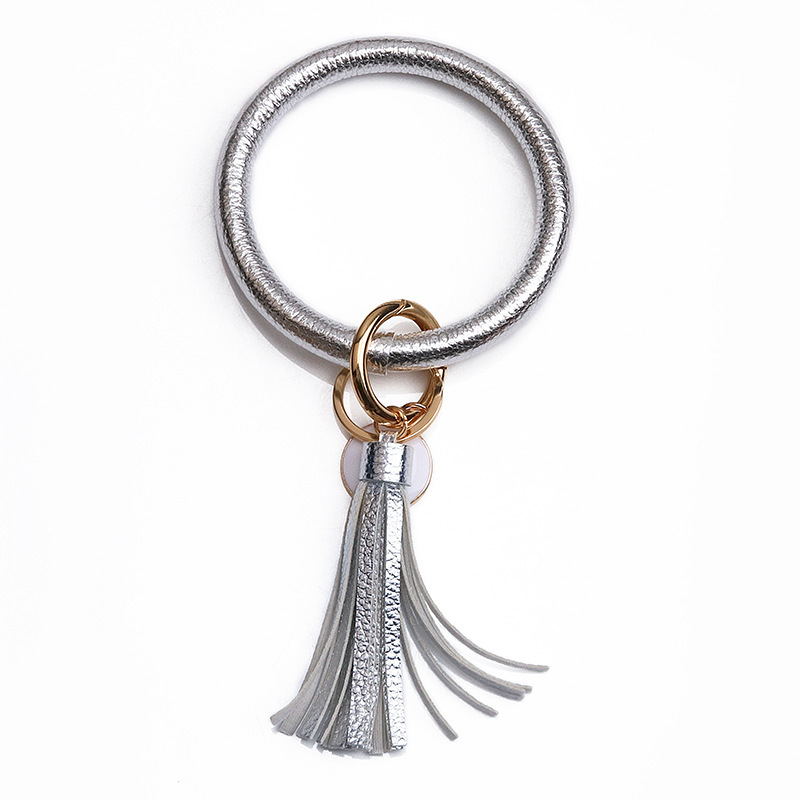 Women PU Wrist Keychain Bracelet Charms Leather Bangle Round Key Ring Large Circle Tassel Chain Wristlet Bracelets Holder for Women Girls