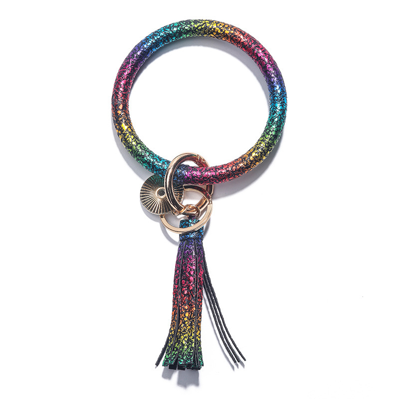 Women PU Wrist Keychain Bracelet Charms Leather Bangle Round Key Ring Large Circle Tassel Chain Wristlet Bracelets Holder for Women Girls