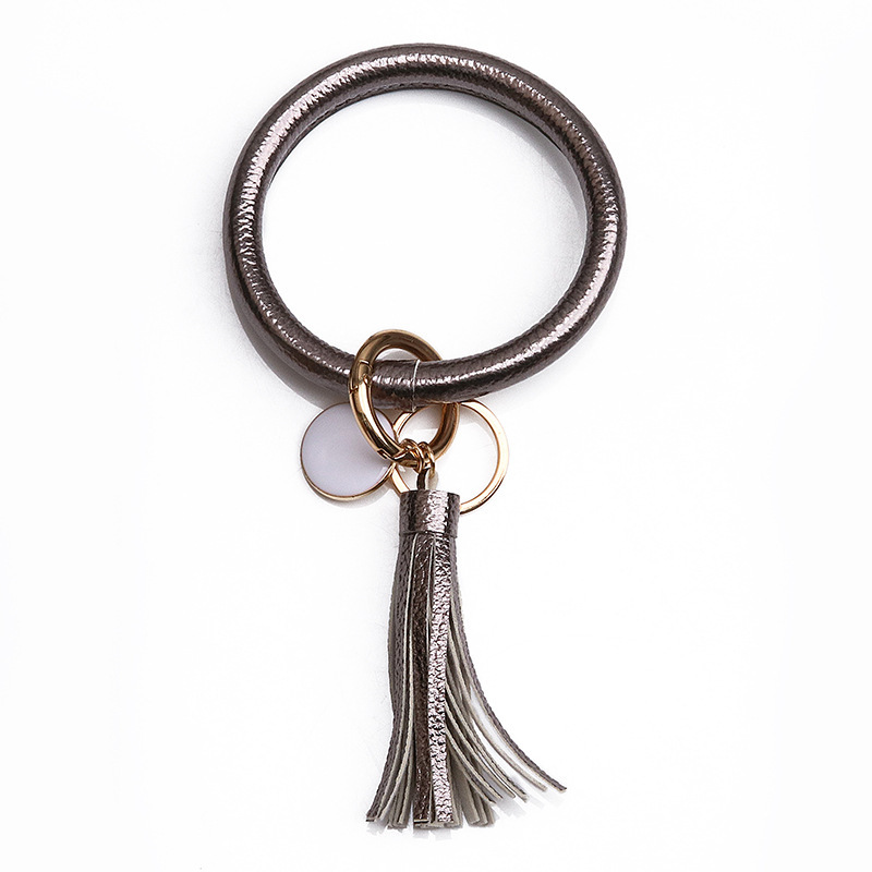 Women PU Wrist Keychain Bracelet Charms Leather Bangle Round Key Ring Large Circle Tassel Chain Wristlet Bracelets Holder for Women Girls