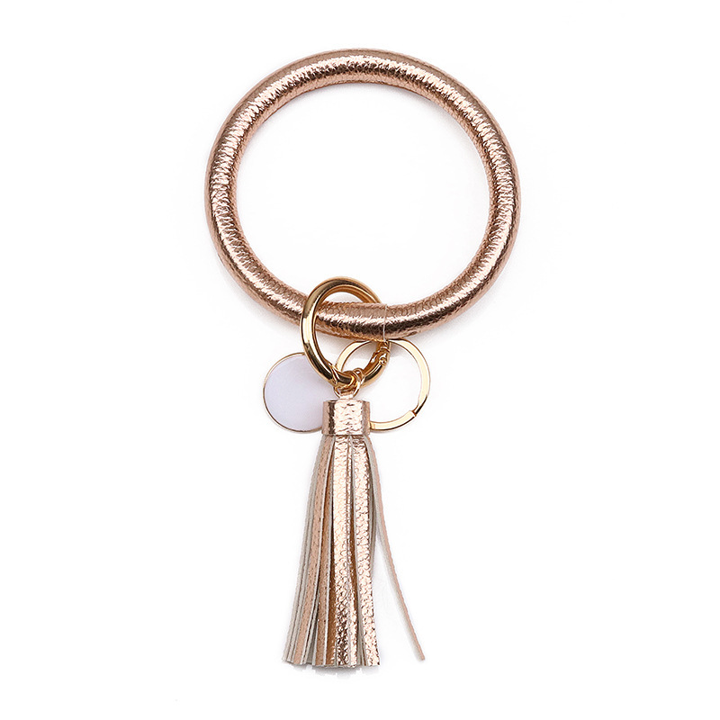 Women PU Wrist Keychain Bracelet Charms Leather Bangle Round Key Ring Large Circle Tassel Chain Wristlet Bracelets Holder for Women Girls