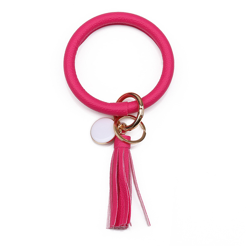 Women PU Wrist Keychain Bracelet Charms Leather Bangle Round Key Ring Large Circle Tassel Chain Wristlet Bracelets Holder for Women Girls