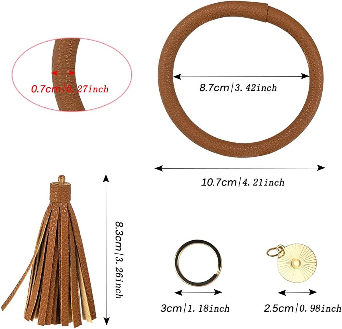 Women PU Wrist Keychain Bracelet Charms Leather Bangle Round Key Ring Large Circle Tassel Chain Wristlet Bracelets Holder for Women Girls