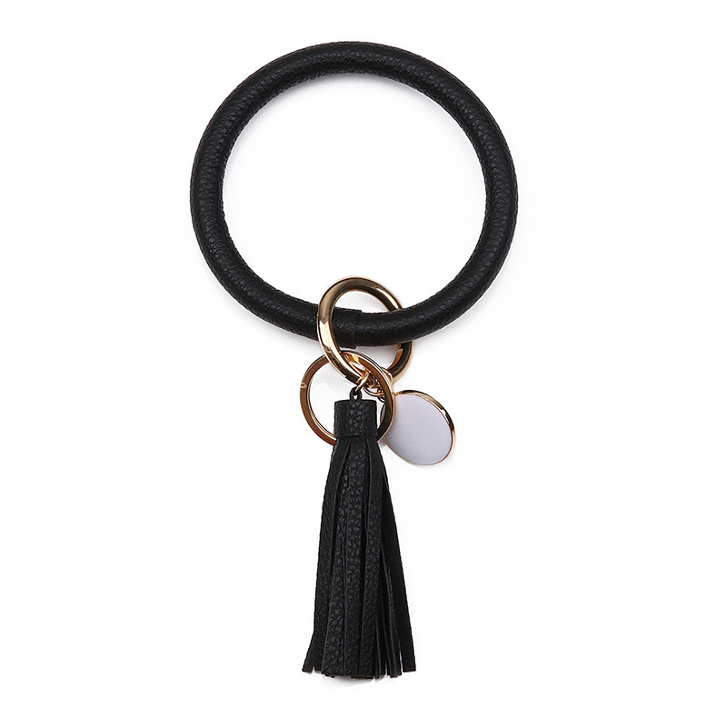 Women PU Wrist Keychain Bracelet Charms Leather Bangle Round Key Ring Large Circle Tassel Chain Wristlet Bracelets Holder for Women Girls