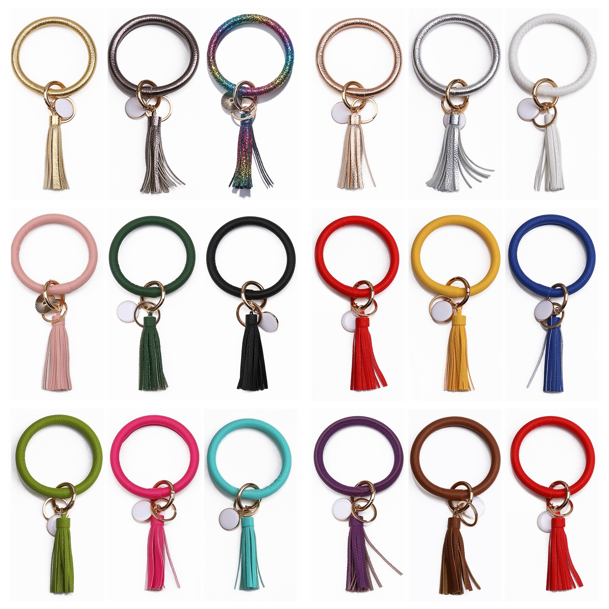 Women PU Wrist Keychain Bracelet Charms Leather Bangle Round Key Ring Large Circle Tassel Chain Wristlet Bracelets Holder for Women Girls