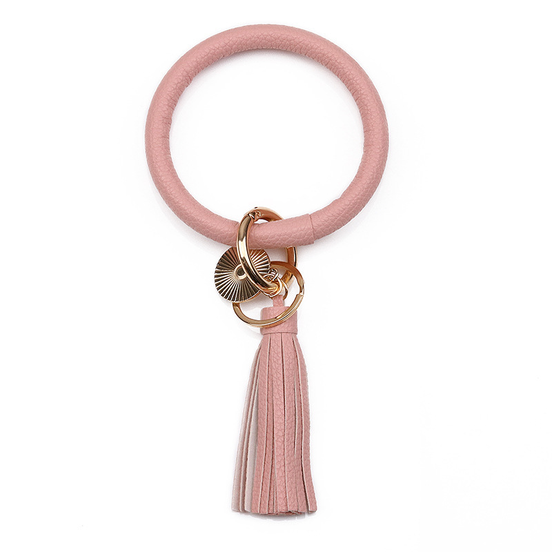 Women PU Wrist Keychain Bracelet Charms Leather Bangle Round Key Ring Large Circle Tassel Chain Wristlet Bracelets Holder for Women Girls