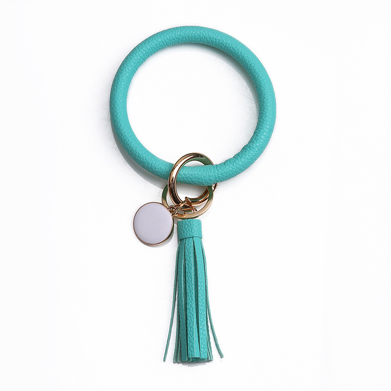 Women PU Wrist Keychain Bracelet Charms Leather Bangle Round Key Ring Large Circle Tassel Chain Wristlet Bracelets Holder for Women Girls