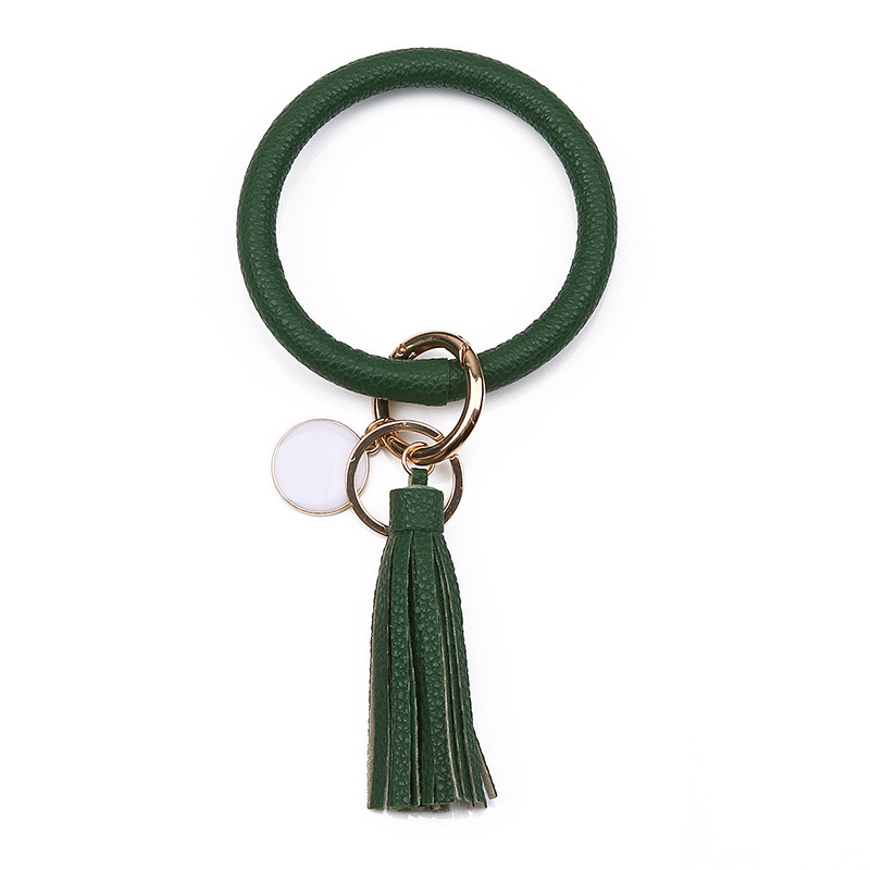 Women PU Wrist Keychain Bracelet Charms Leather Bangle Round Key Ring Large Circle Tassel Chain Wristlet Bracelets Holder for Women Girls