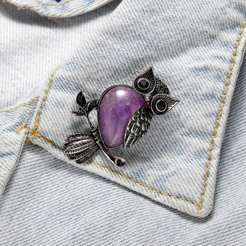 Antique Silver Owl Gemstone Pendant Brooch Pin For Women and girls