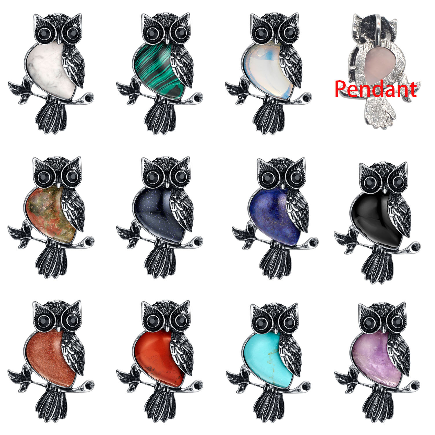 Antique Silver Owl Gemstone Pendant Necklace For Women and girls (No Brooch Pin Accessories)