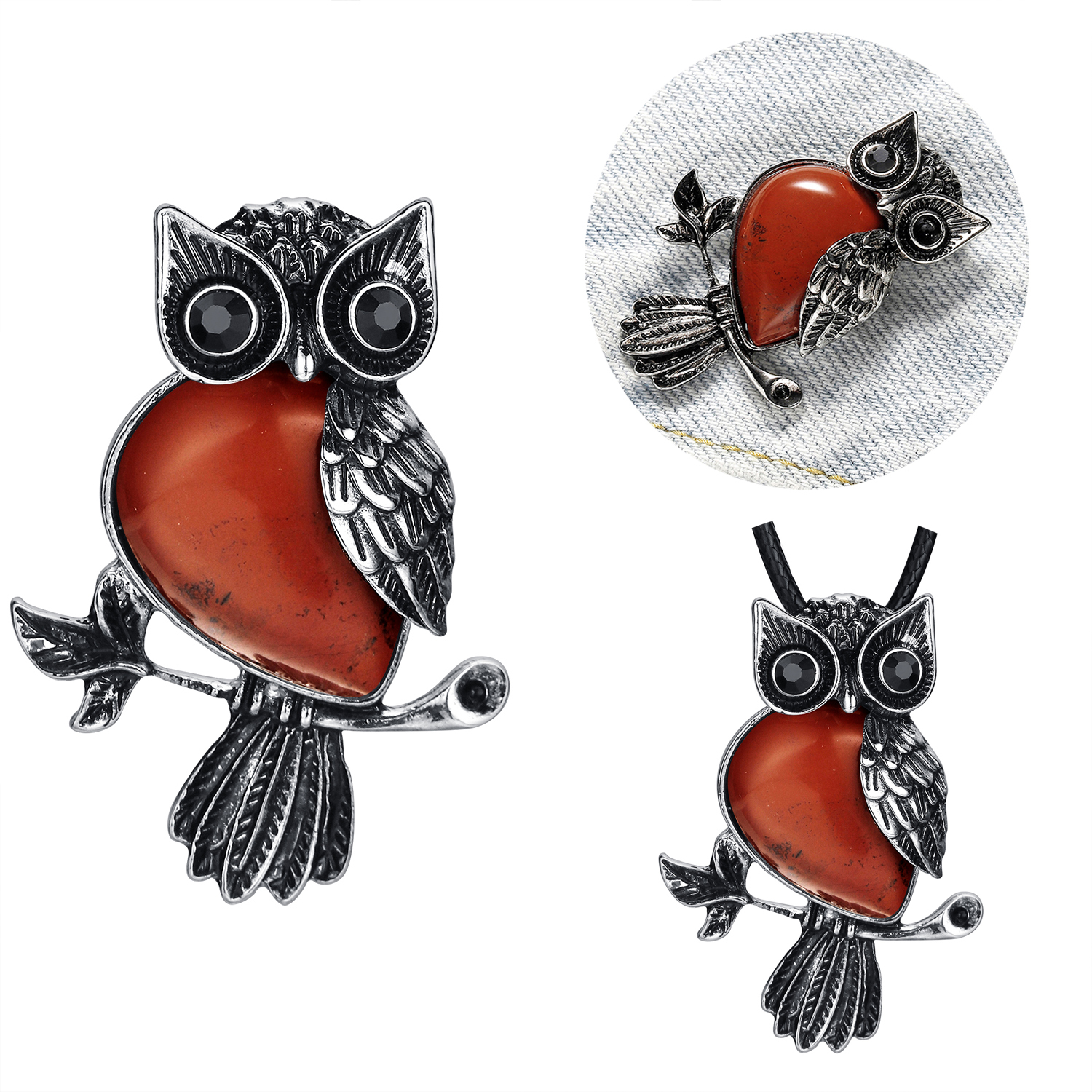 Antique Silver Owl Gemstone Pendant Brooch Pin For Women and girls