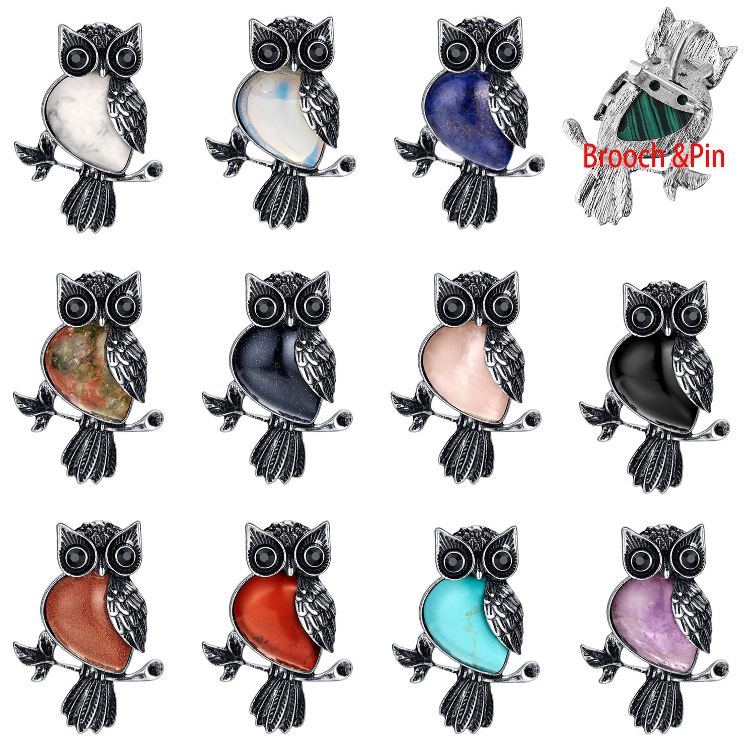 Antique Silver Owl Gemstone Pendant Brooch Pin For Women and girls
