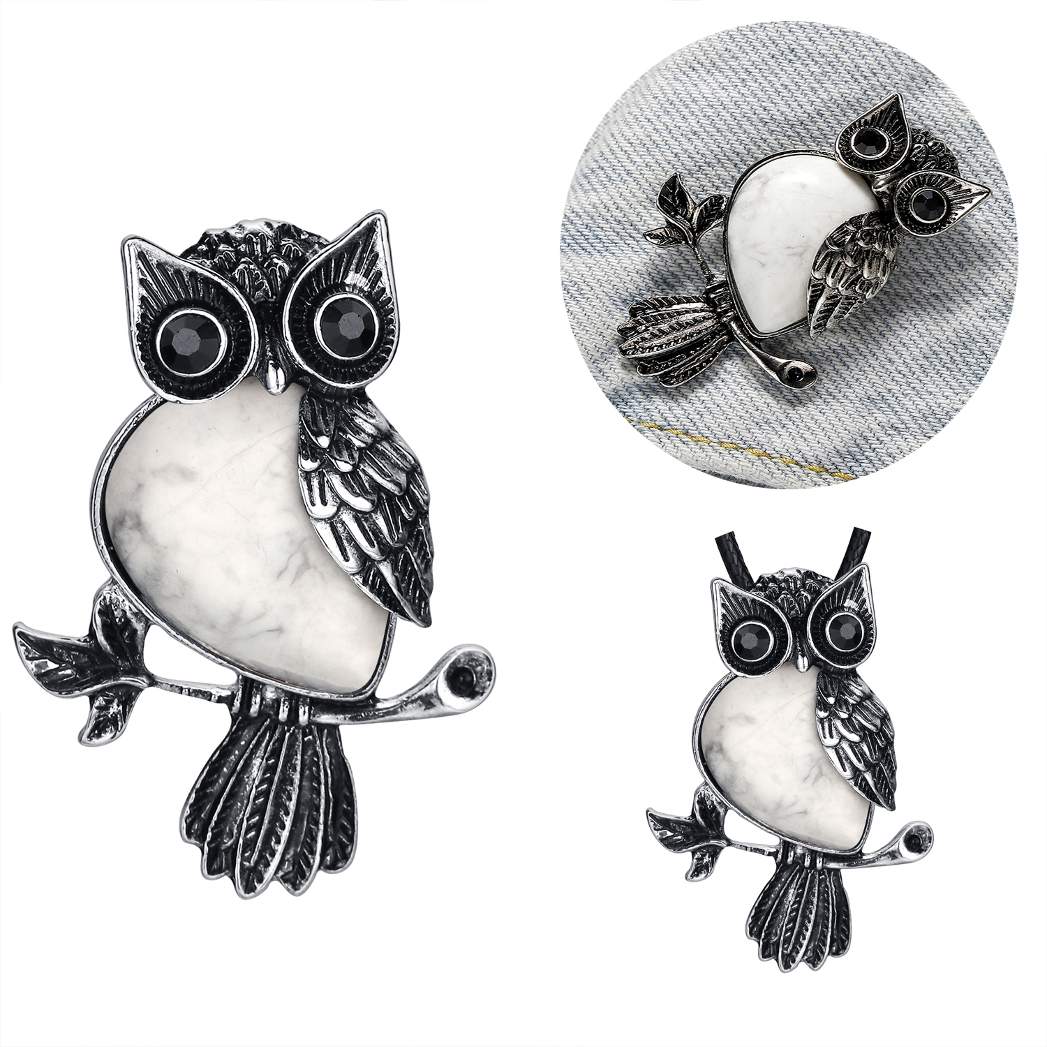 Antique Silver Owl Gemstone Pendant Brooch Pin For Women and girls